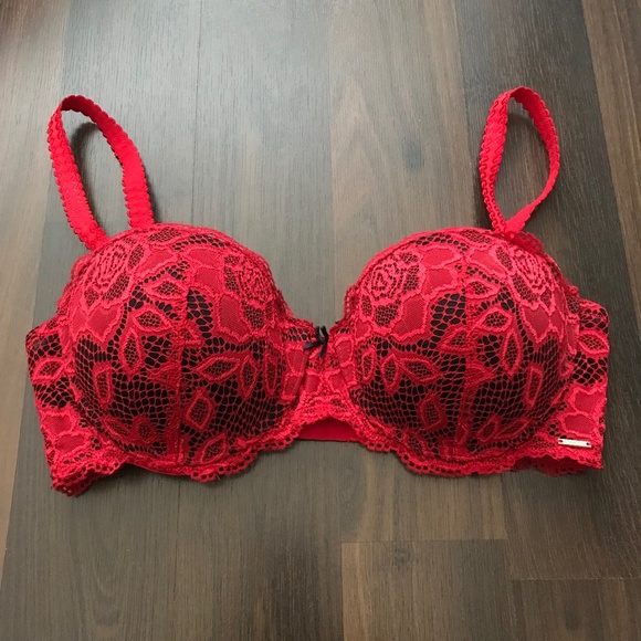La Vie en Rose Lace Push Up Bra 36C Red Black Bow - Picture 1 of 9